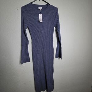 Chic Long Sleeve Ribbed Knit Dress in Blue